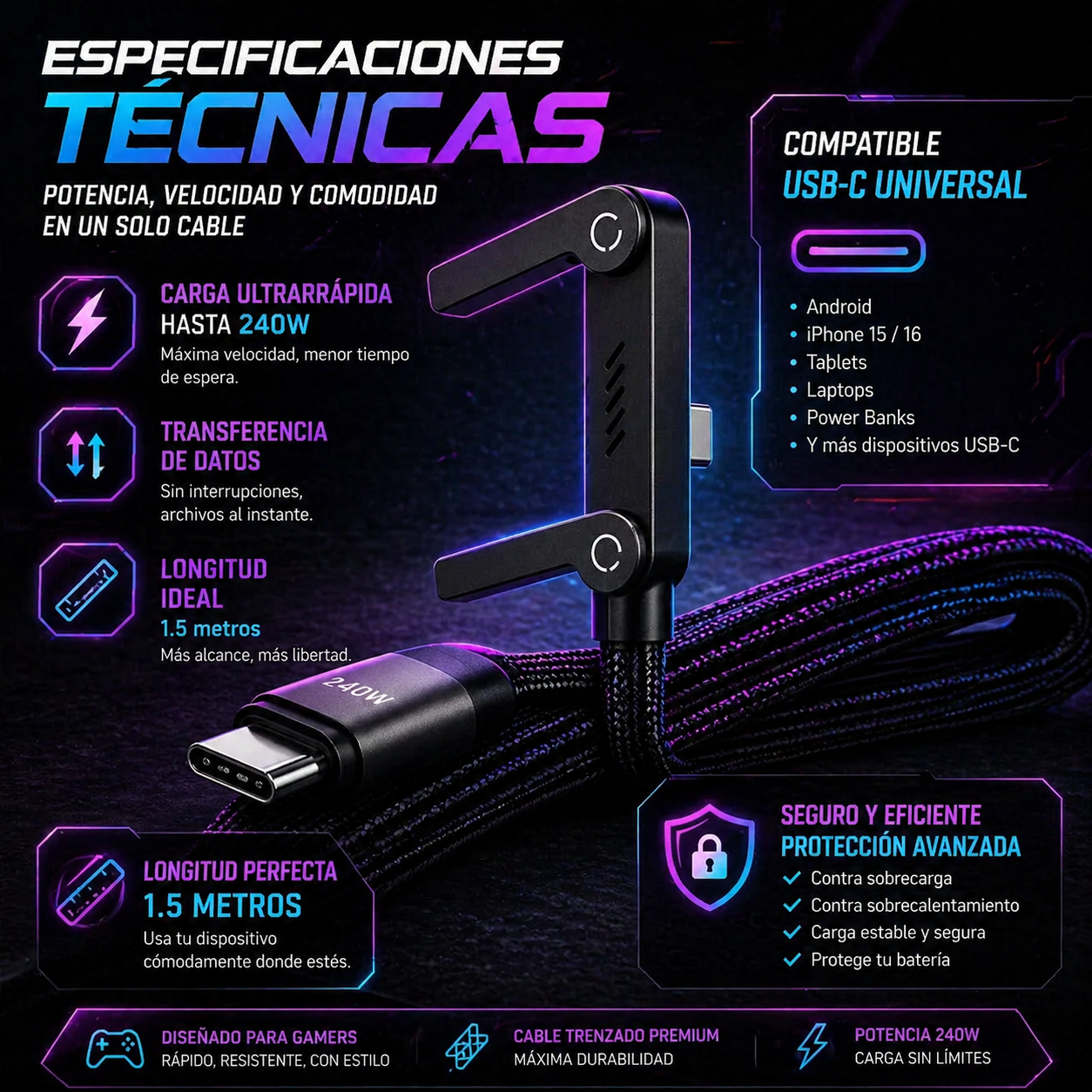 Cable plegable de carga rápida Plus de Beclee con tecnología avanzada, diseñado para una carga eficiente y fácil de transportar.
